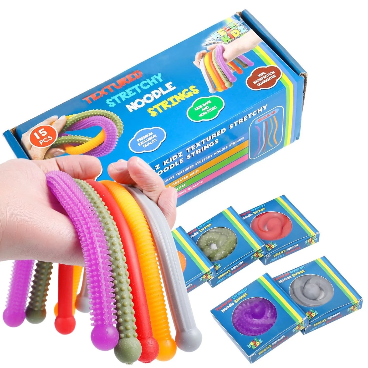 Durable TEXTURED Stretchy String Fidget and Sensory Toy 15 Packs of