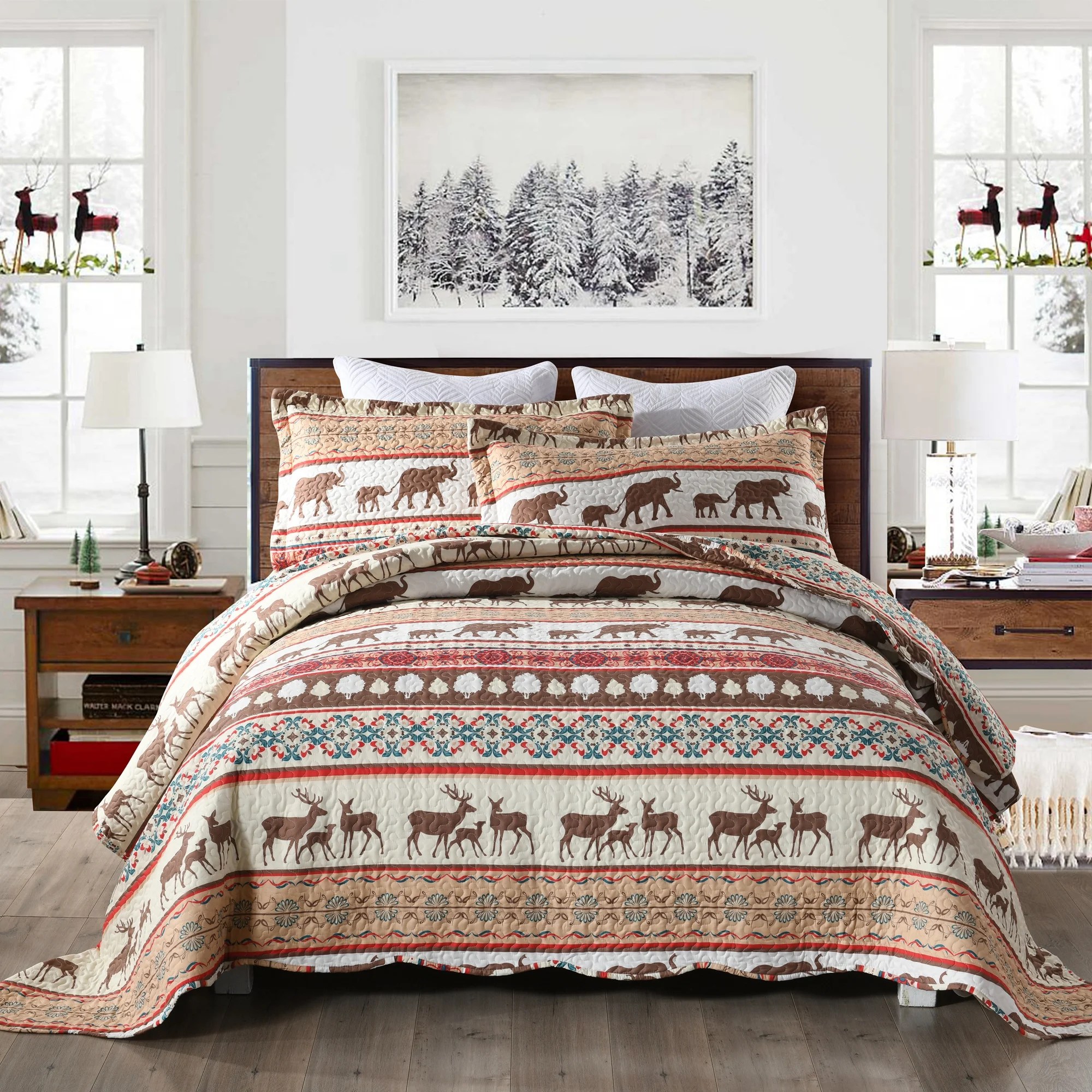 MarCielo 3 Piece Christmas Quilt Set Rustic Lodge Deer Quilt Quilted