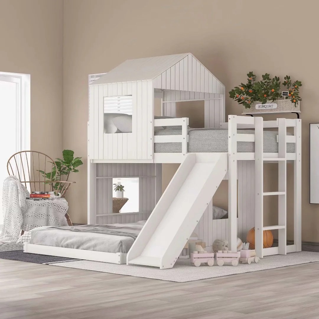 Wooden Twin Over Full Bunk Bed, Loft Bed with Playhouse, Farmhouse