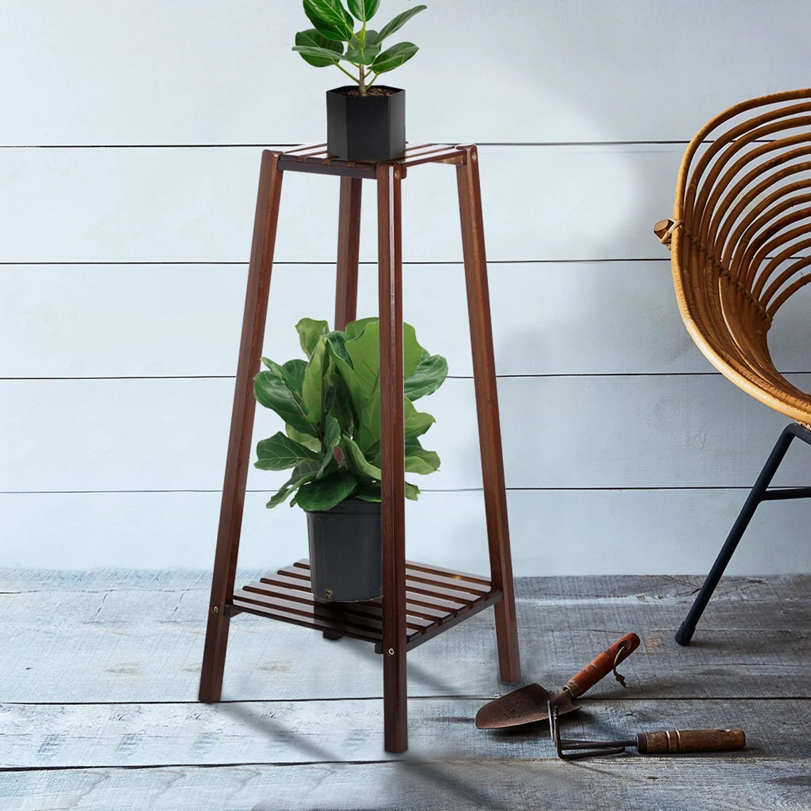 Zyooh 2Tier Bamboo Plant Stand Planter Rack Flower Pots Holder Disply