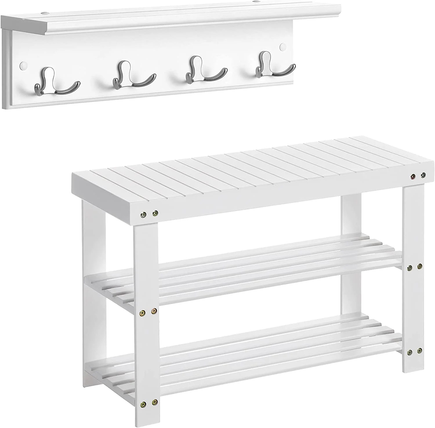 SHMAMT Shoe Bench Bundle with Coat Rack, 3Tier Bamboo Shoe Rack, Wall