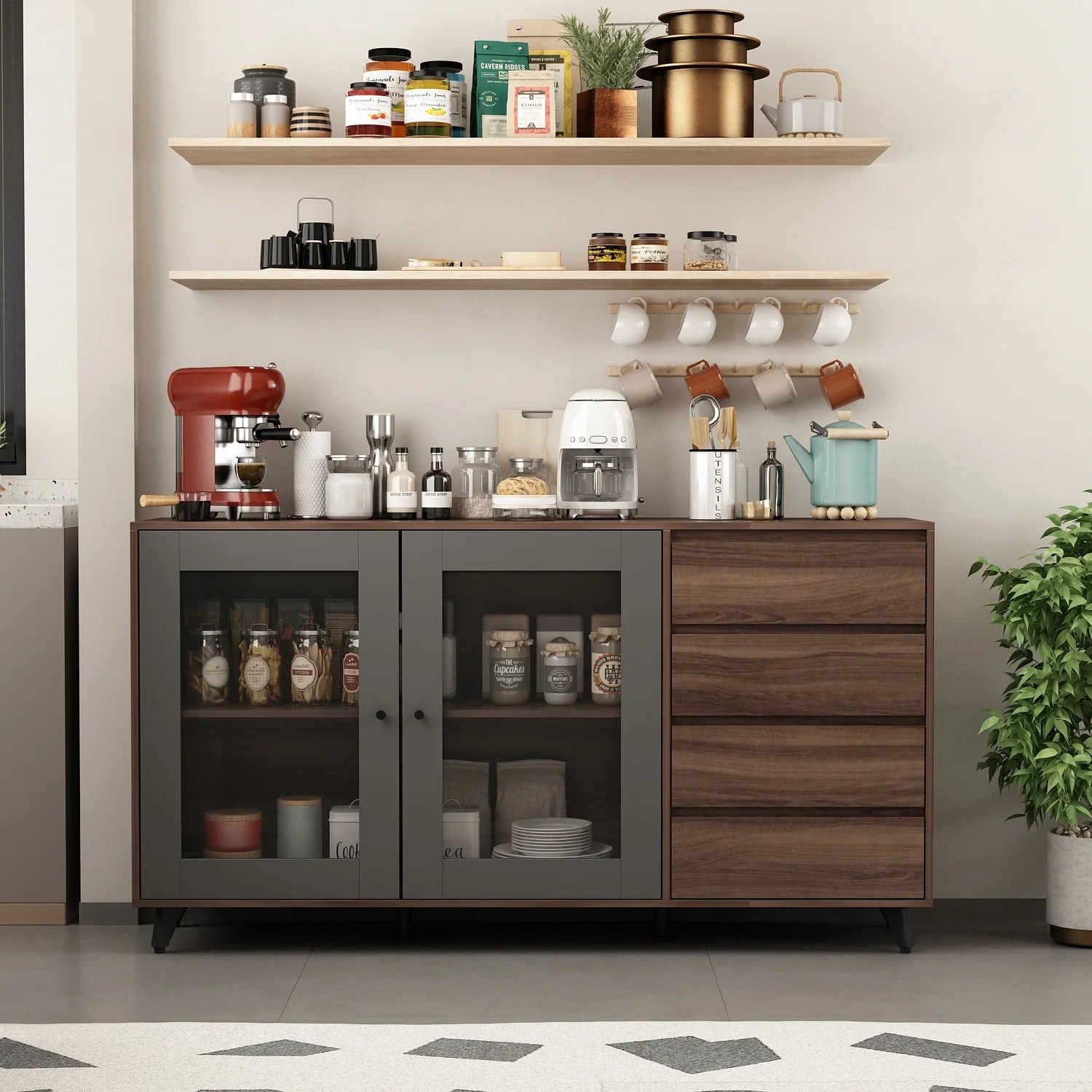 Hitow Sideboard Buffet Cupboard, Kitchen Storage with 4 Drawers