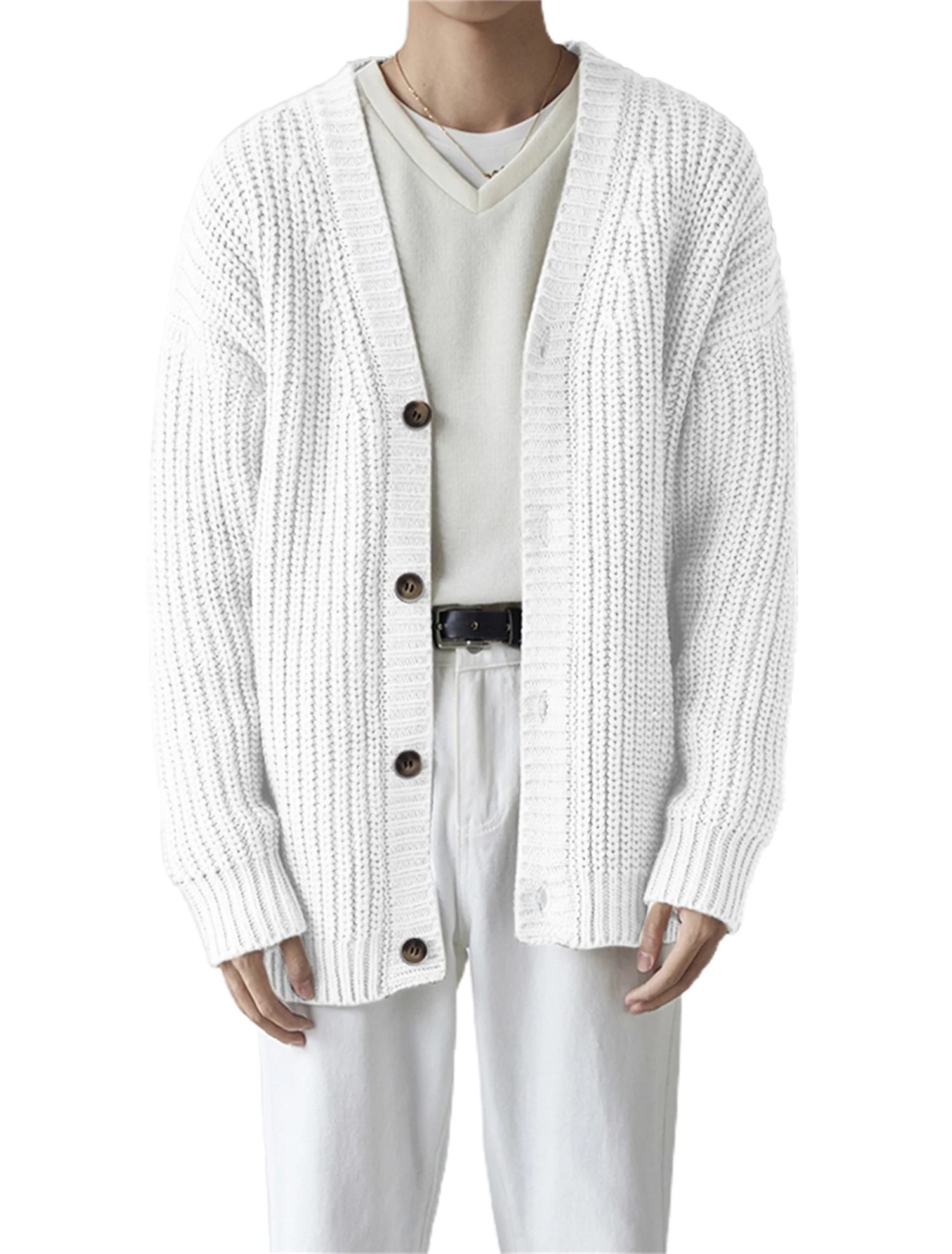 Fueri Mens Knit Classic Cardigan Sweater Cotton Loose Fit Casual Simple