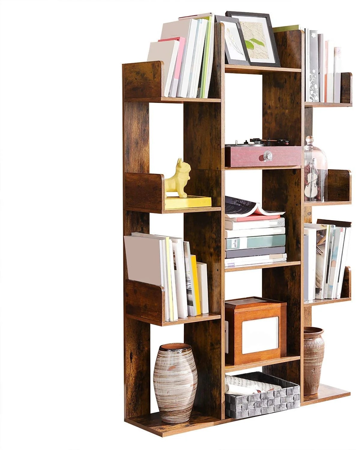VASAGLE Bookshelf, TreeShaped Bookcase with 13 Storages, Rustic Brown