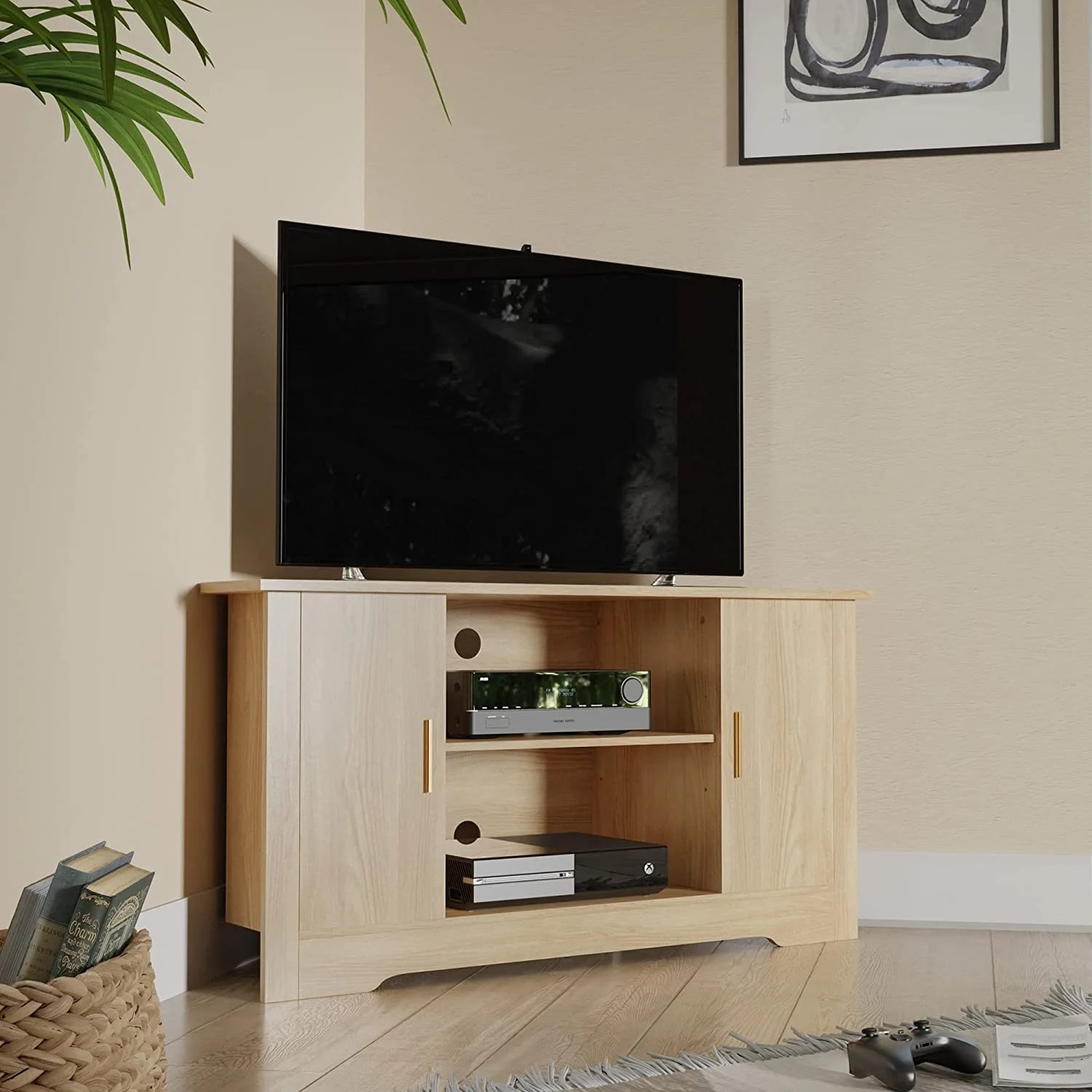 Cozy Castle Small Corner TV Stand for 50 Inch TV, Wood Corner Enterainment Center with Doors