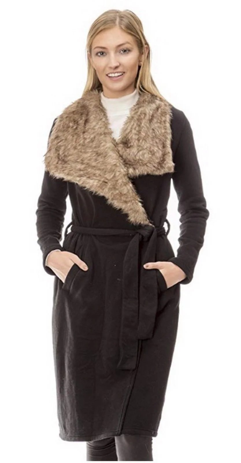 LOVE Love Collection Faux Fur Fleece Wrap Coat Black Ivory Charcoal