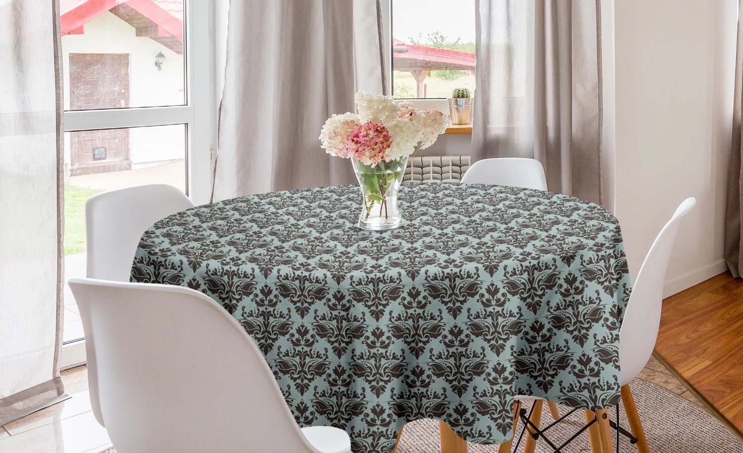 Damask Round Tablecloth, Damask Shapes Motif Western Modular Leaves and