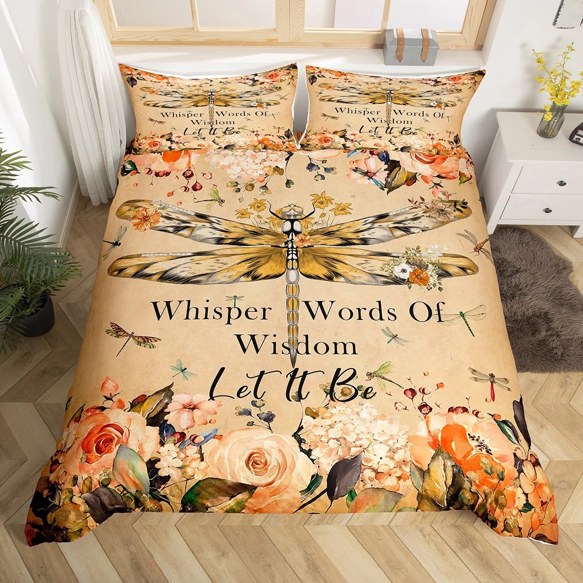Dragonflies Duvet Cover Flowers Bedding Set Dragonfly Decor,Brown