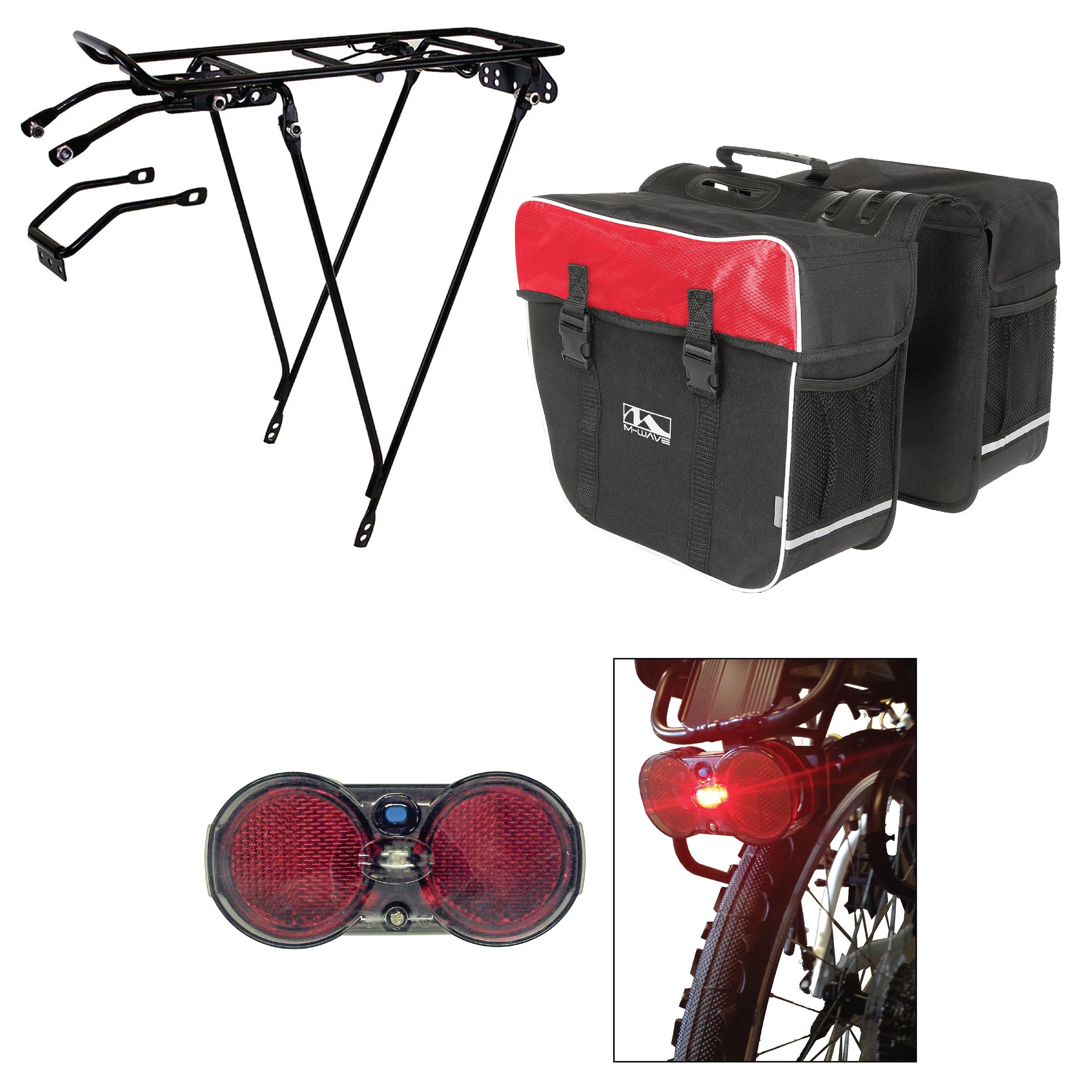 Cycle Force Bicycle Rack, Rear Light, and Pannier Bag Bundle, Red