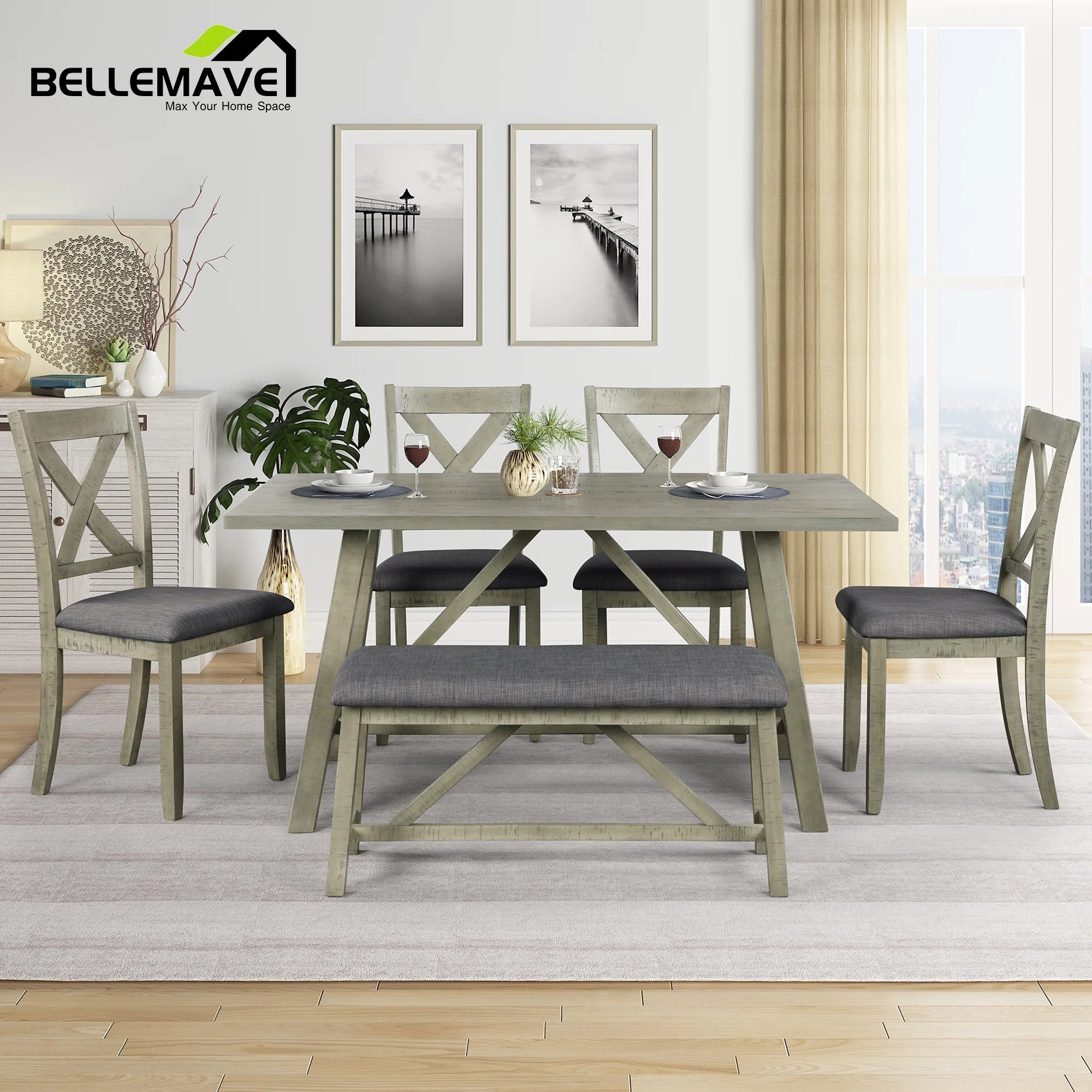 Bellemave Modern 6 Piece Dining Table Set, Wood Counter Height Dining
