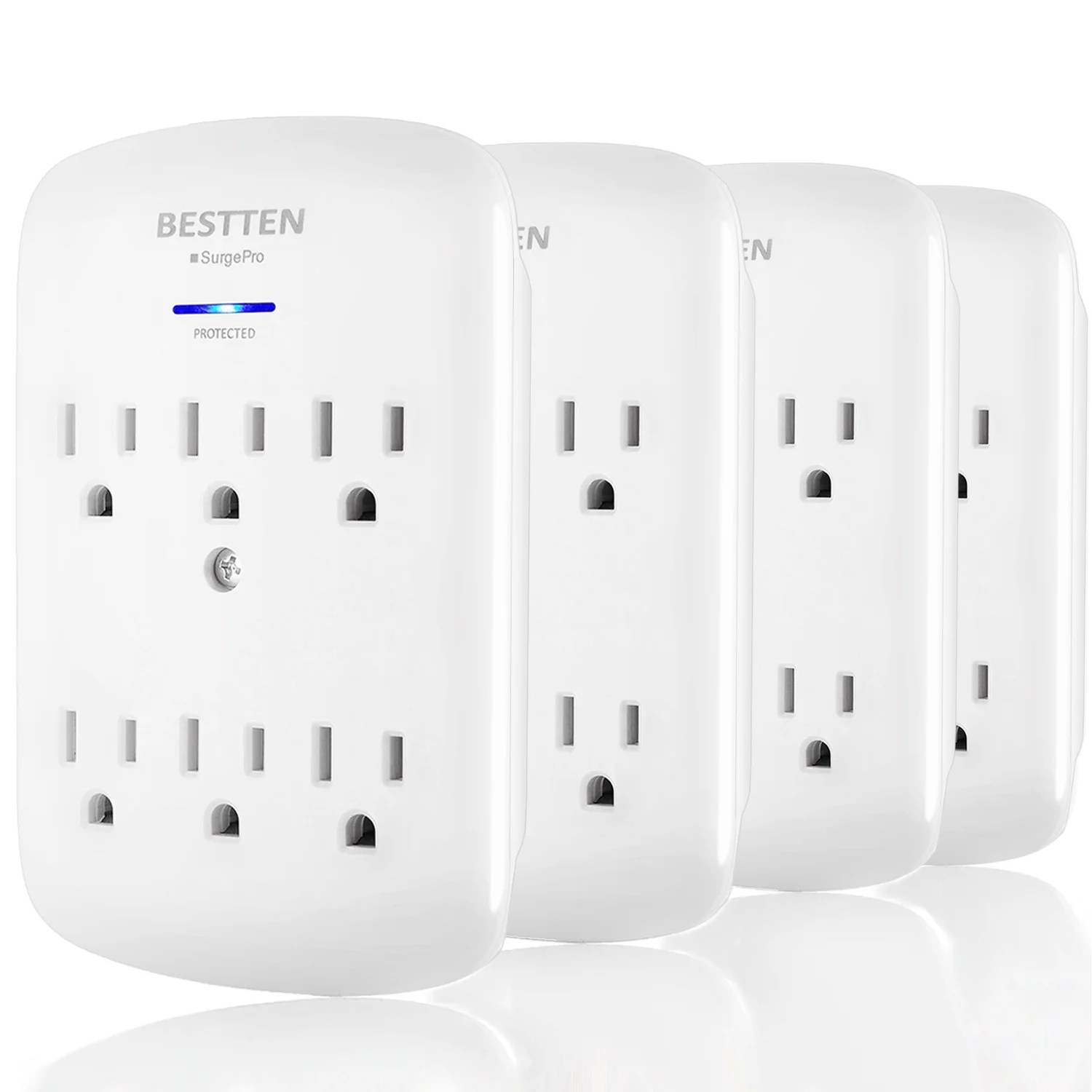 [4 Pack] BESTTEN 6 Outlet Wall Mount Surge Protector with Blue LED