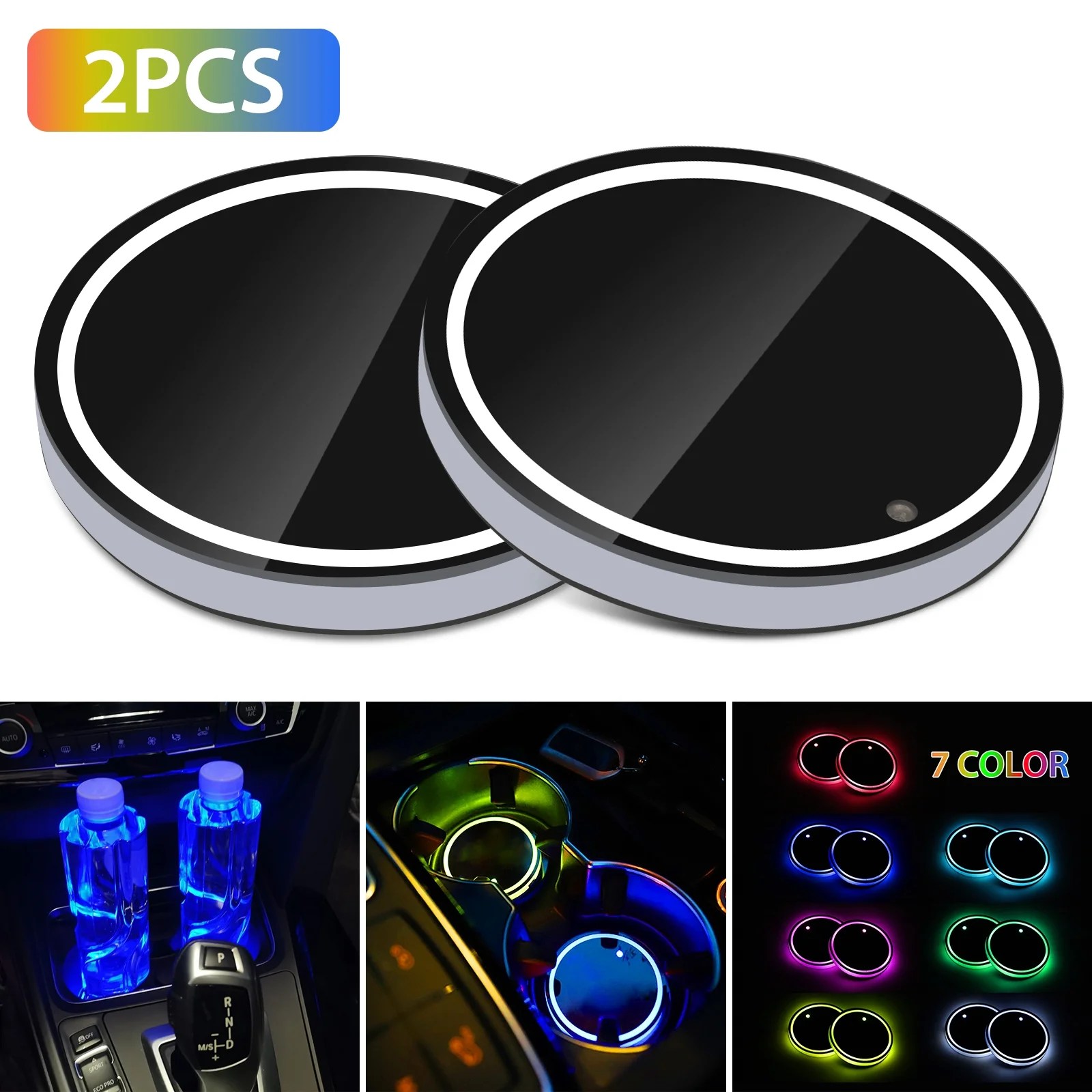 2PCS LED Car Cup Holder Light, TSV 2.6" 7colors RGB Car Cup Holder
