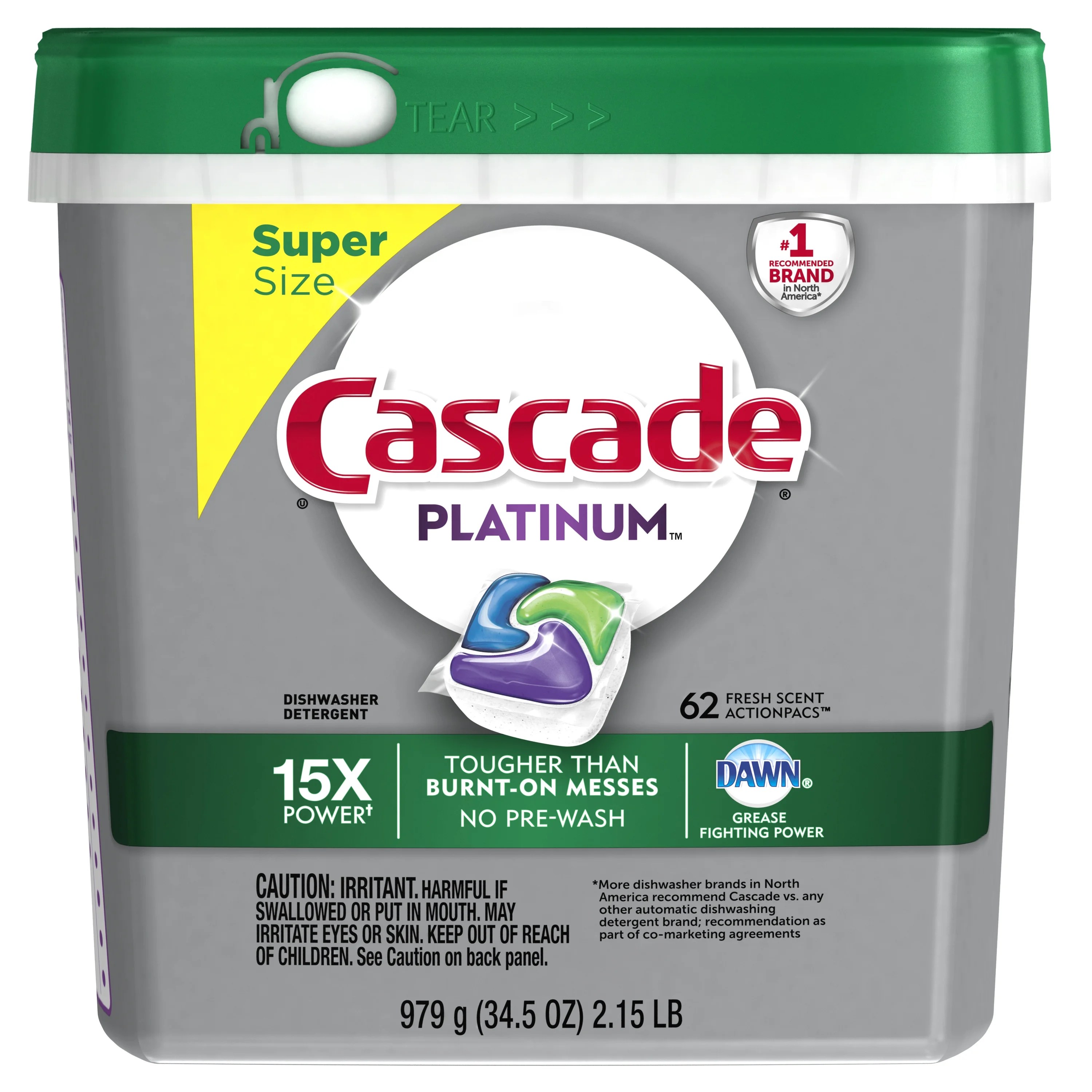 Cascade Platinum ActionPacs Dishwasher Detergent, Fresh, 62 count