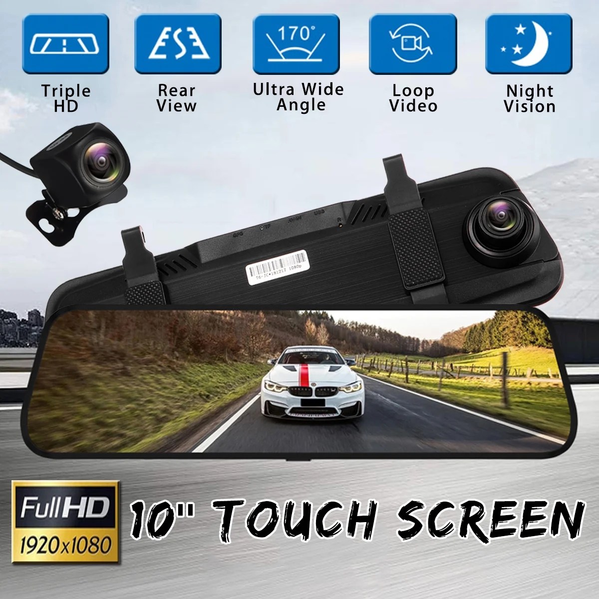 10" Inch FHD 1080P Car DVR Dual Lens Dual Lens Car Rear View Rearview