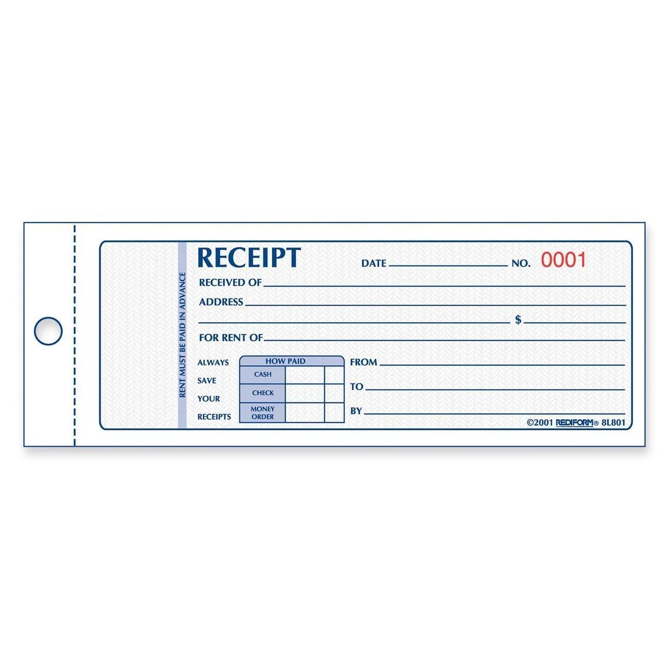 Rediform, RED8L801, Numbered Carbonless Receipt Book, 1 Each, White