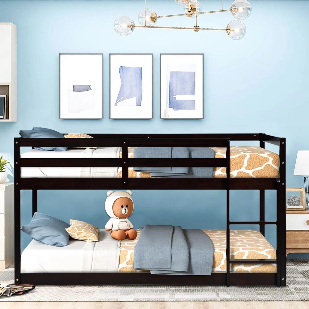 Solid Wood Low Bunk Bed for Kids, Twin Over Twin Floor Bunk Bed with Safety Rail, Ladder, Heavy