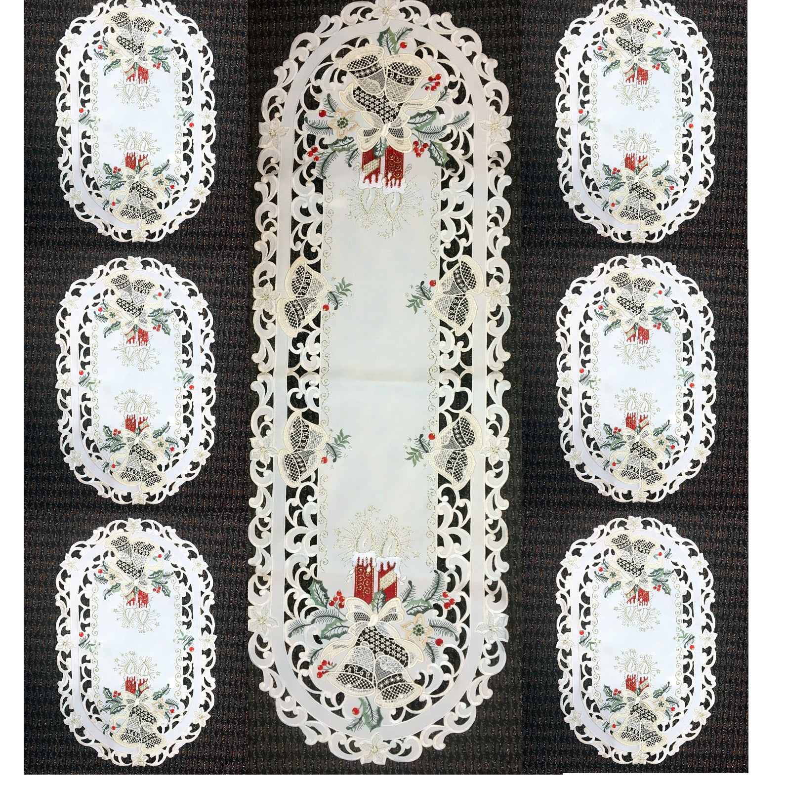 Red Candles and Bells Embroidered Christmas Placemat and Table Runner