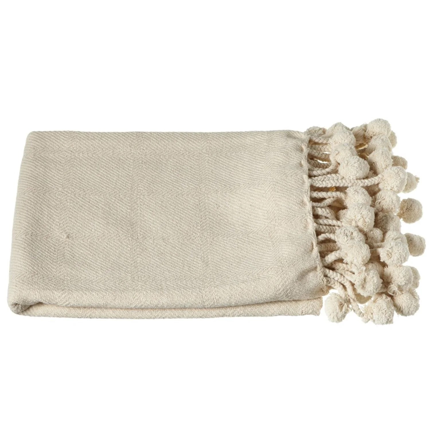 Set of 2 Solid Cream Throw Blankets with PomPom Fringe Border 50" x 60
