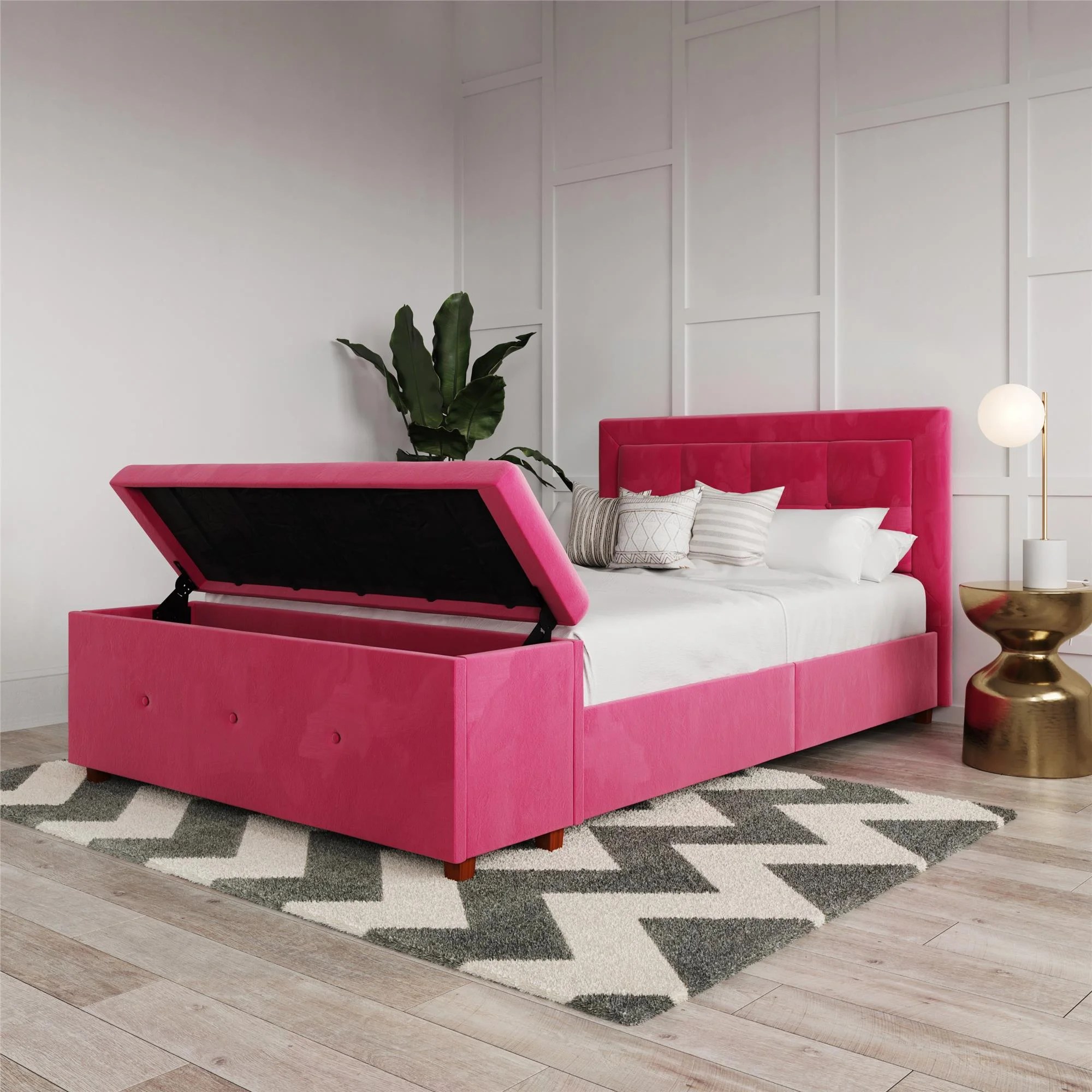One of them is a solid and comfortable headboard with button tufting finished in gray color. Dhp Drew Upholstered Bed With Storage Chest Full Size Pink Velvet Walmart Com Walmart Com