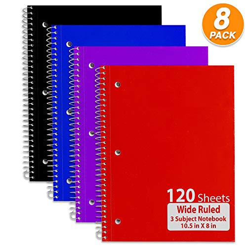 Emraw 3 Subject Spiral Notebooks Wide Ruled 120 Sheets White Paper