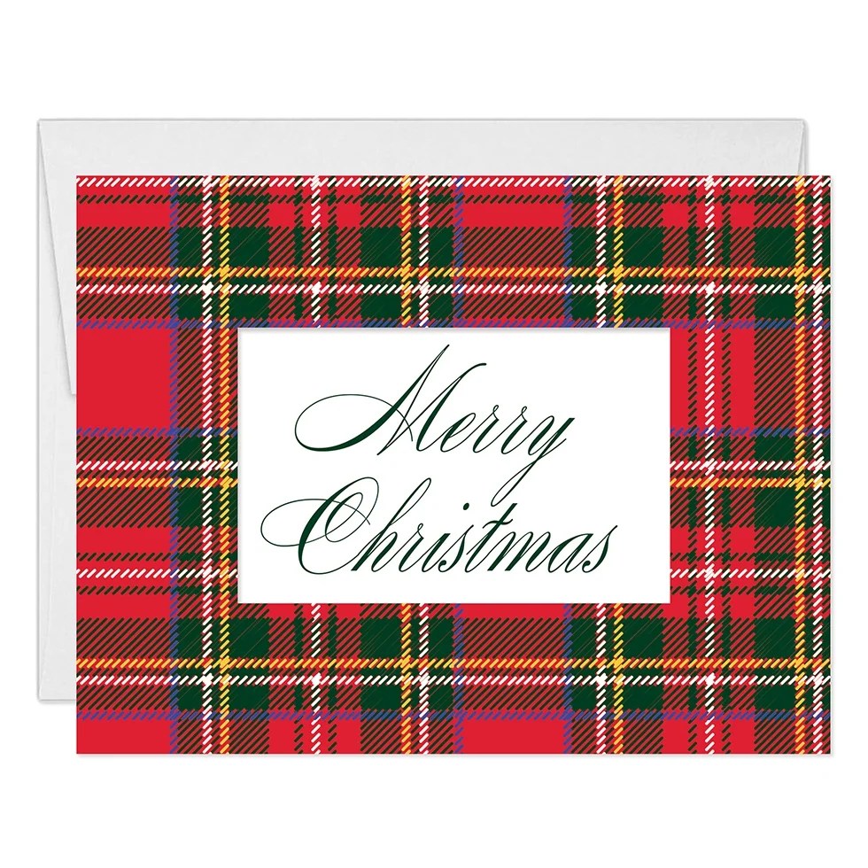 Classic Plaid Christmas Cards & Envelopes ( Set of 50 ) Traditional Red