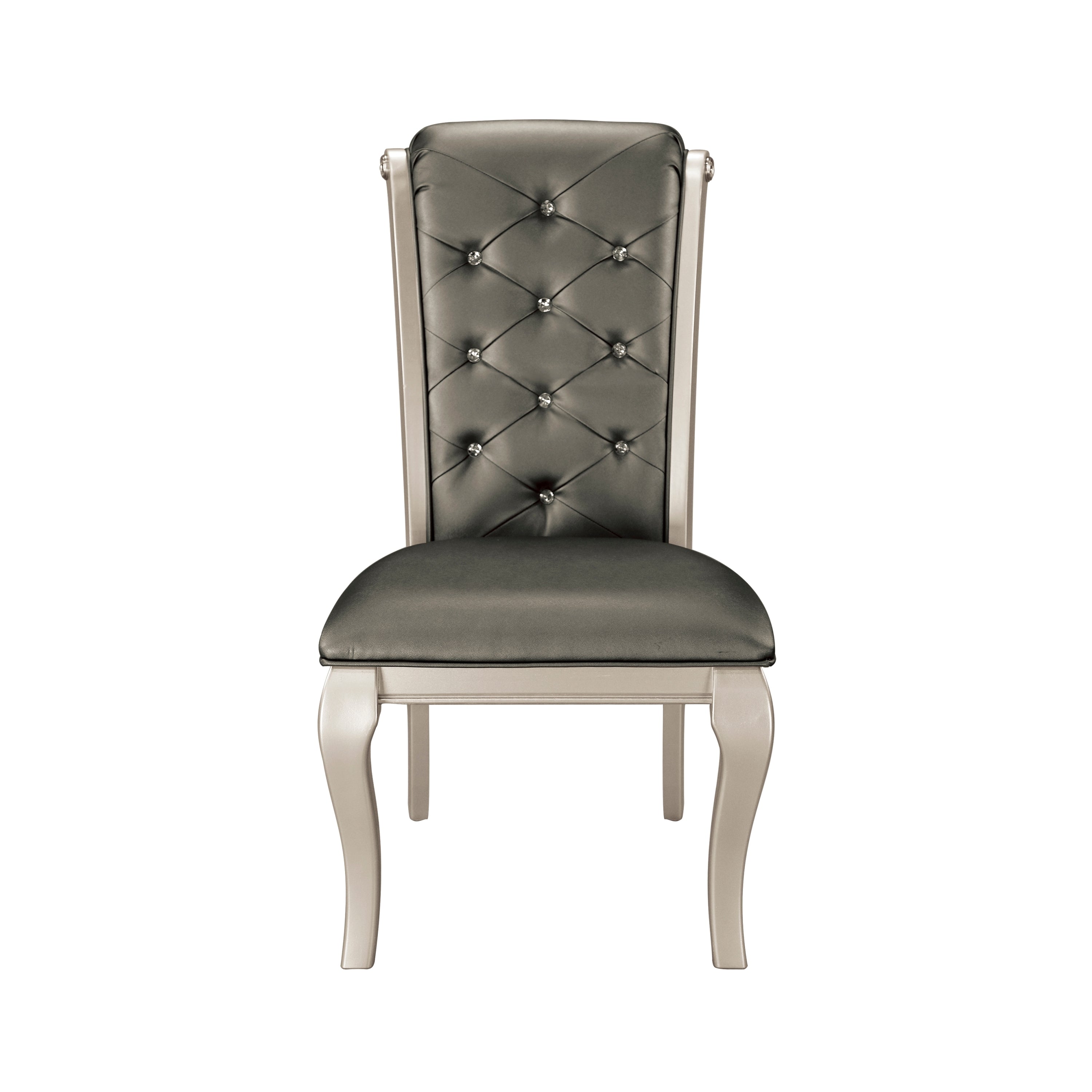 Crystal ButtonTufted Side Chairs 2pc Set Silver Finish Wood Frame Gray