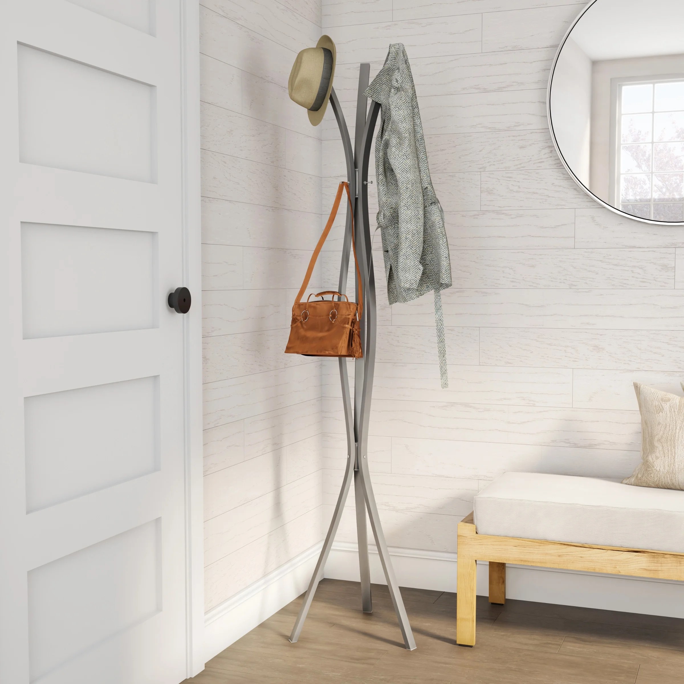 Modern round free-standing metal coat rack in satin silver elegant style Tree Hall coat rack
