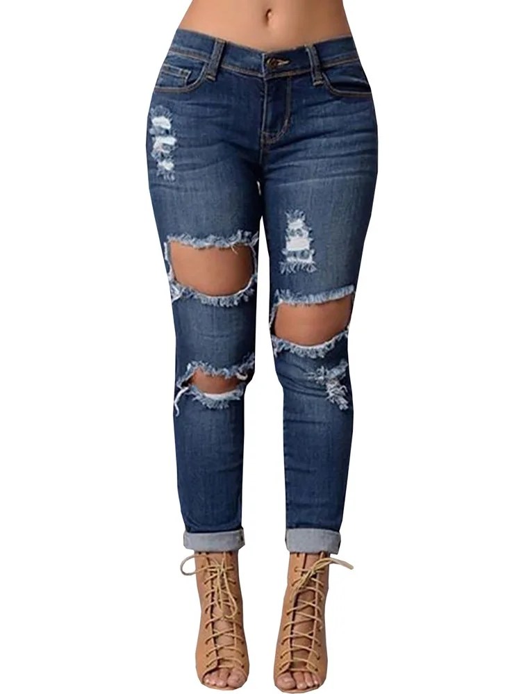 SySea Blue Washed Ripped Jeans for Women Skinny Pencil Pants