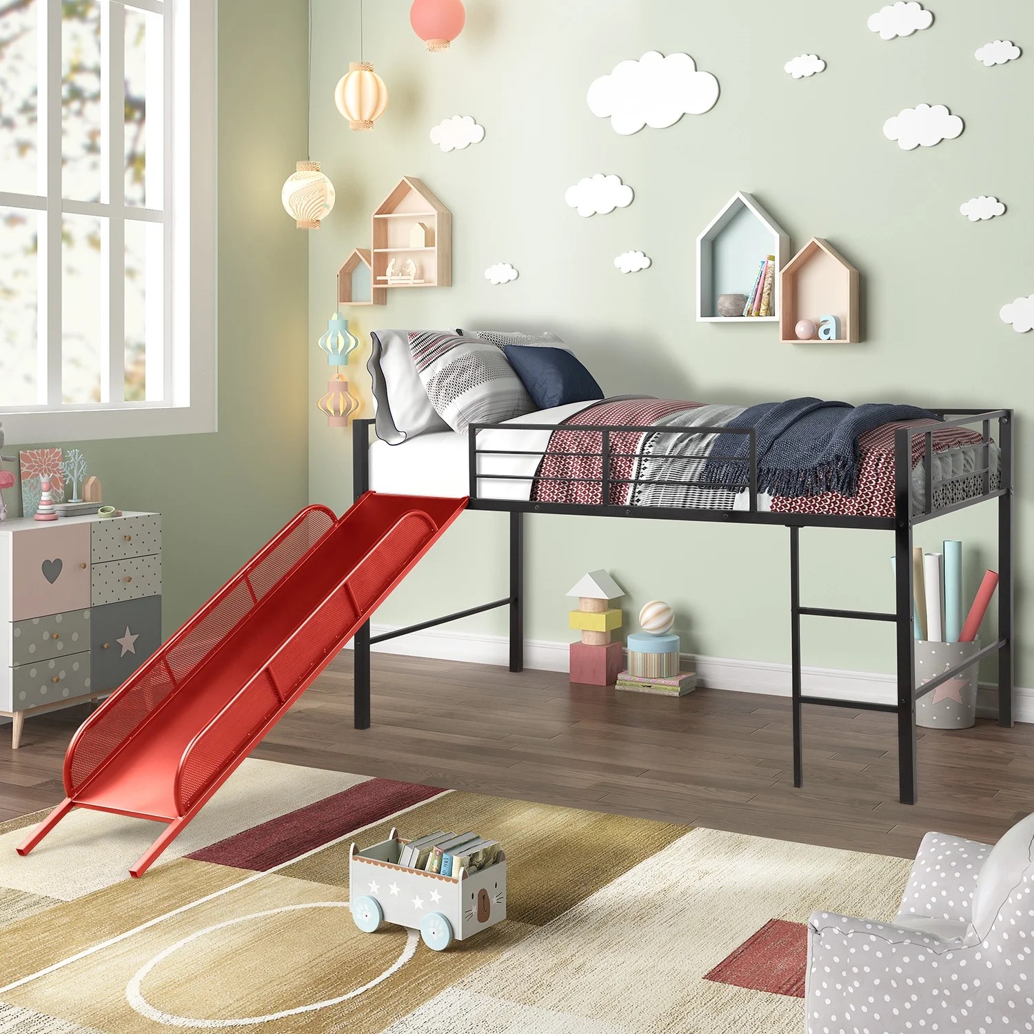 Junior Metal Loft Bed, URHOMEPRO Twin Loft Bed with Red