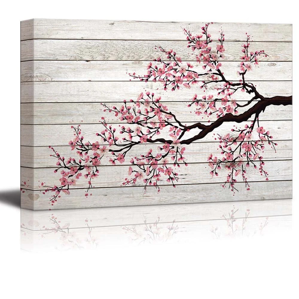 wall26 Illustration of a Cherry Blossom Branch Over Wood Panels