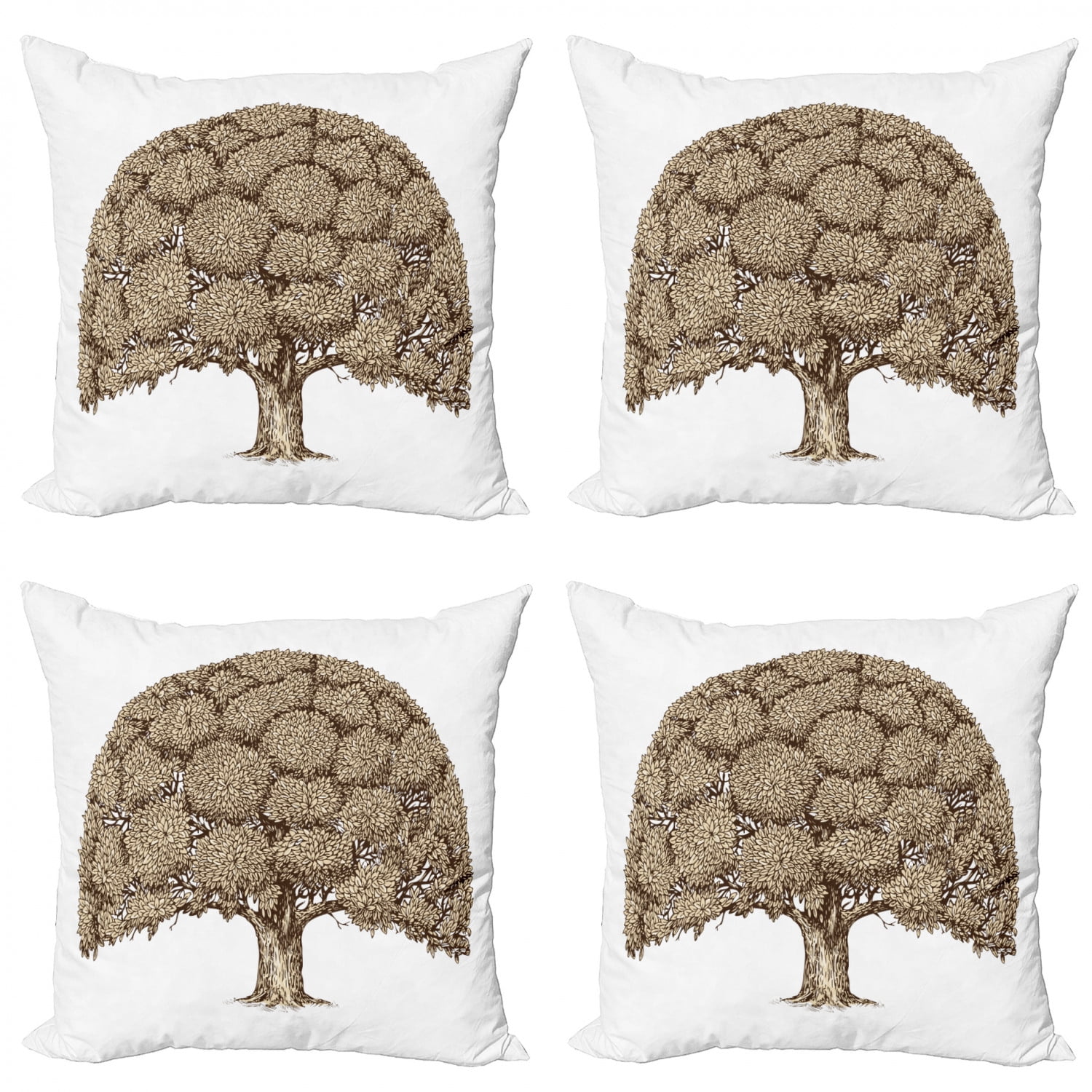 Tree Throw Pillow Cushion Case Pack of 4, Monochrome Oak Tree Design