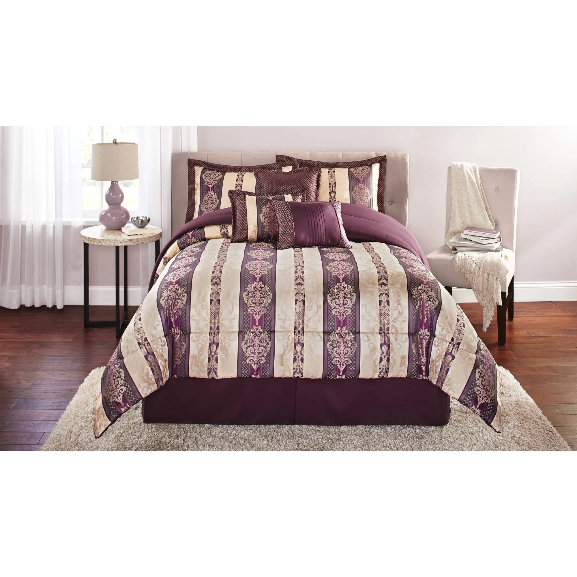 Mainstays Full Adelaide Damask Embroidered Plum Comforter Set, 7 Piece