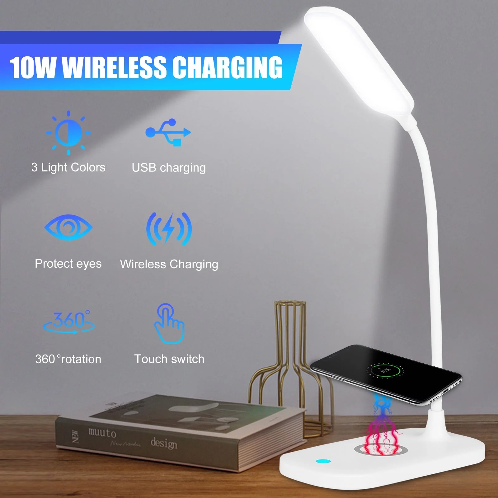 TSV Desk Lamp for Home Office, Wireless Charging LED Office Lamp, LED