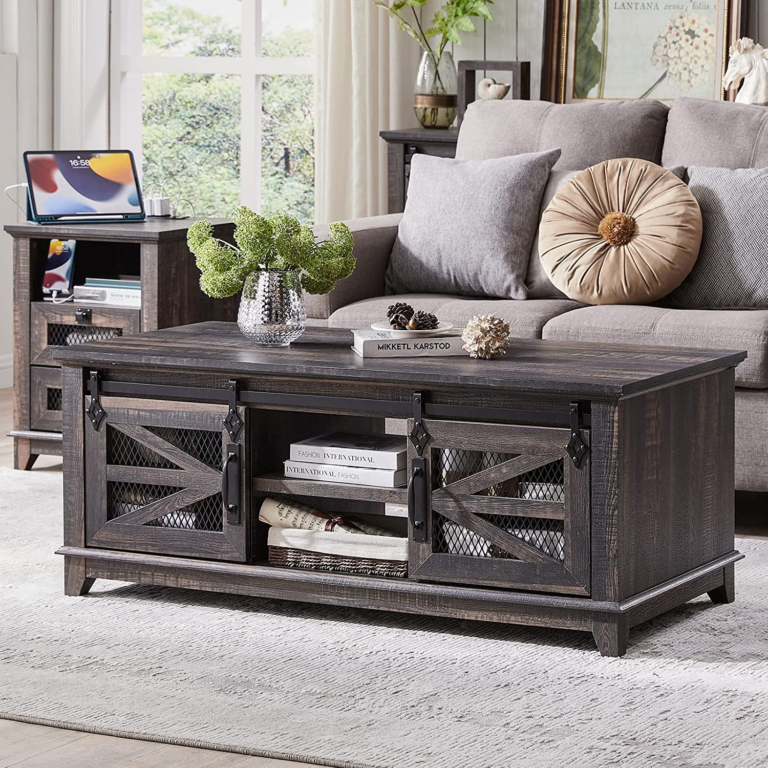 OKD 48" Farmhouse Coffee Table with Storage & Sliding Barn Doors, Dark Rustic Oak