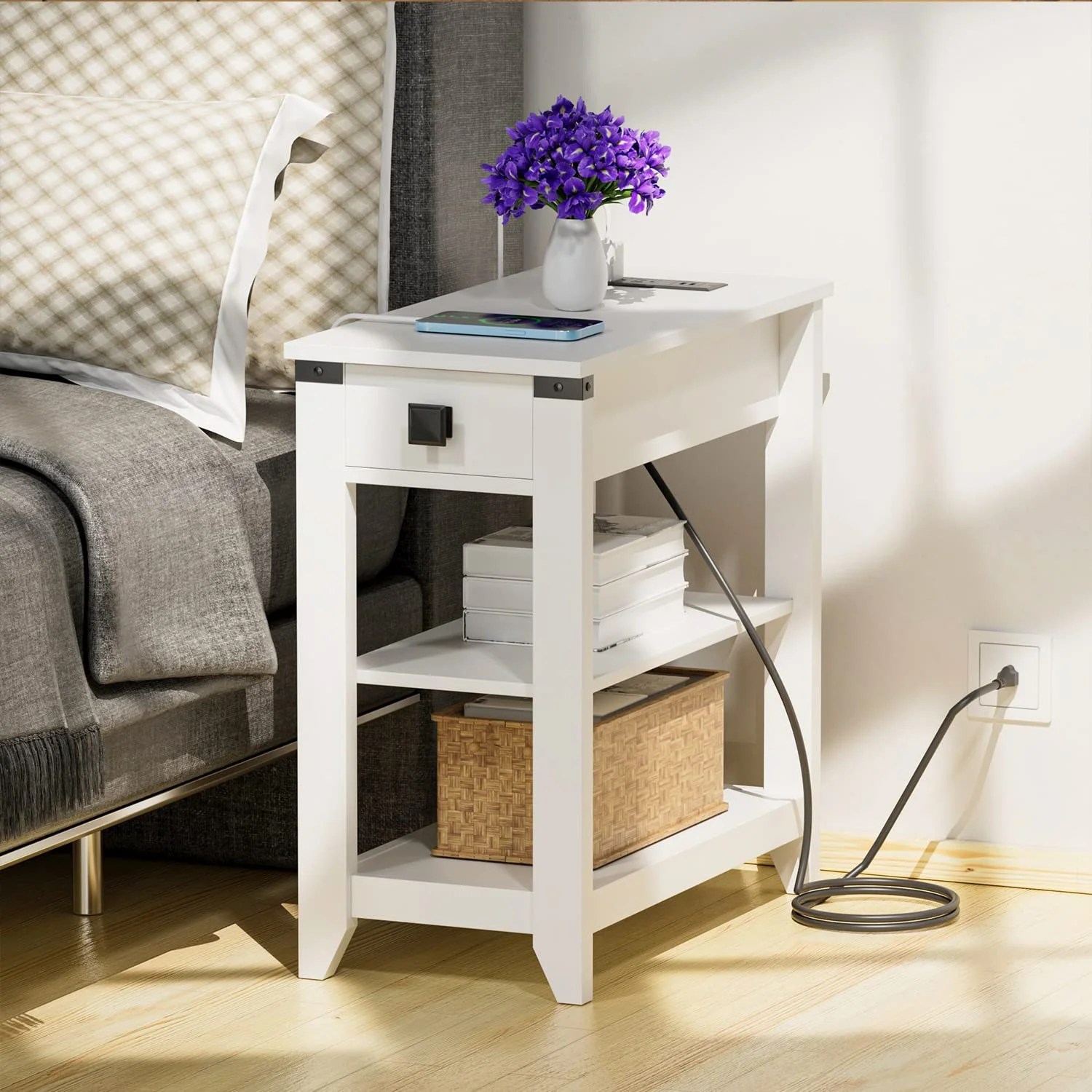 Narrow End Table with Charging Station Farmhouse End Table with USB Ports and Outlets for Living