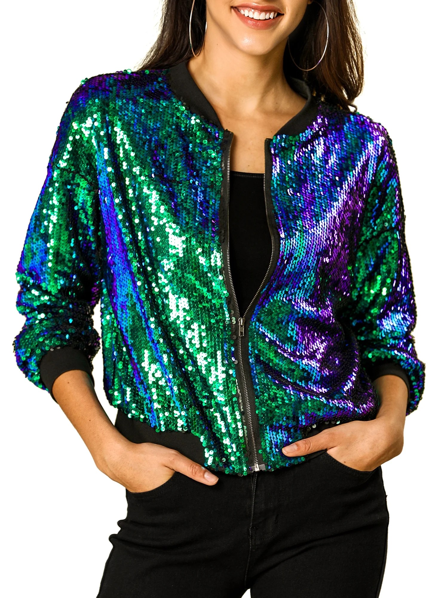 Allegra K Allegra K Women's Sequin Glitter Long Sleeve Zipper Bomber