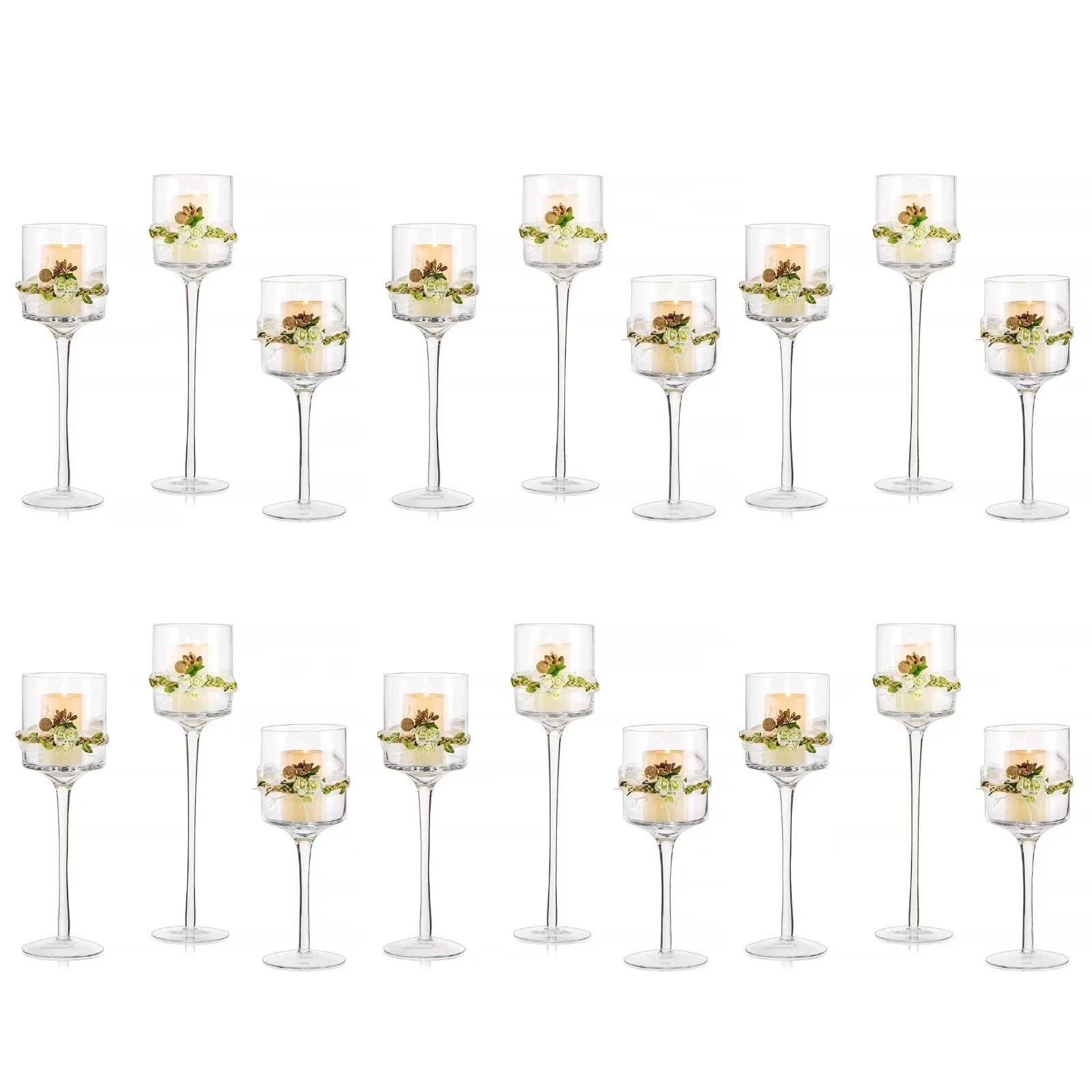 Glasseam Glass Hurricane Candle Holders Bulk Set of 18 Long Stem Tealight Holder for Wedding