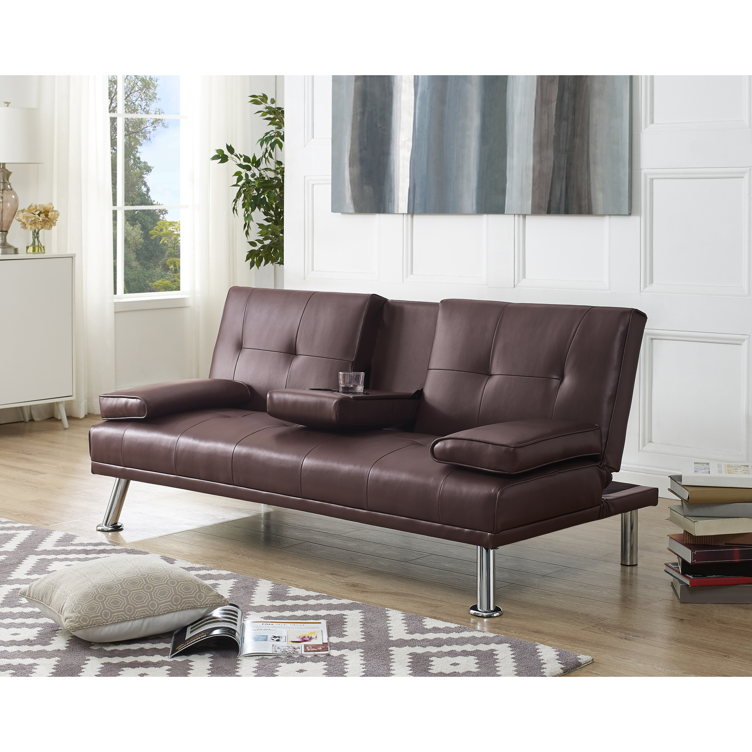 Buy Futon Sofa Bed Futon Couch with Armrest and Cupholders Faux Leather