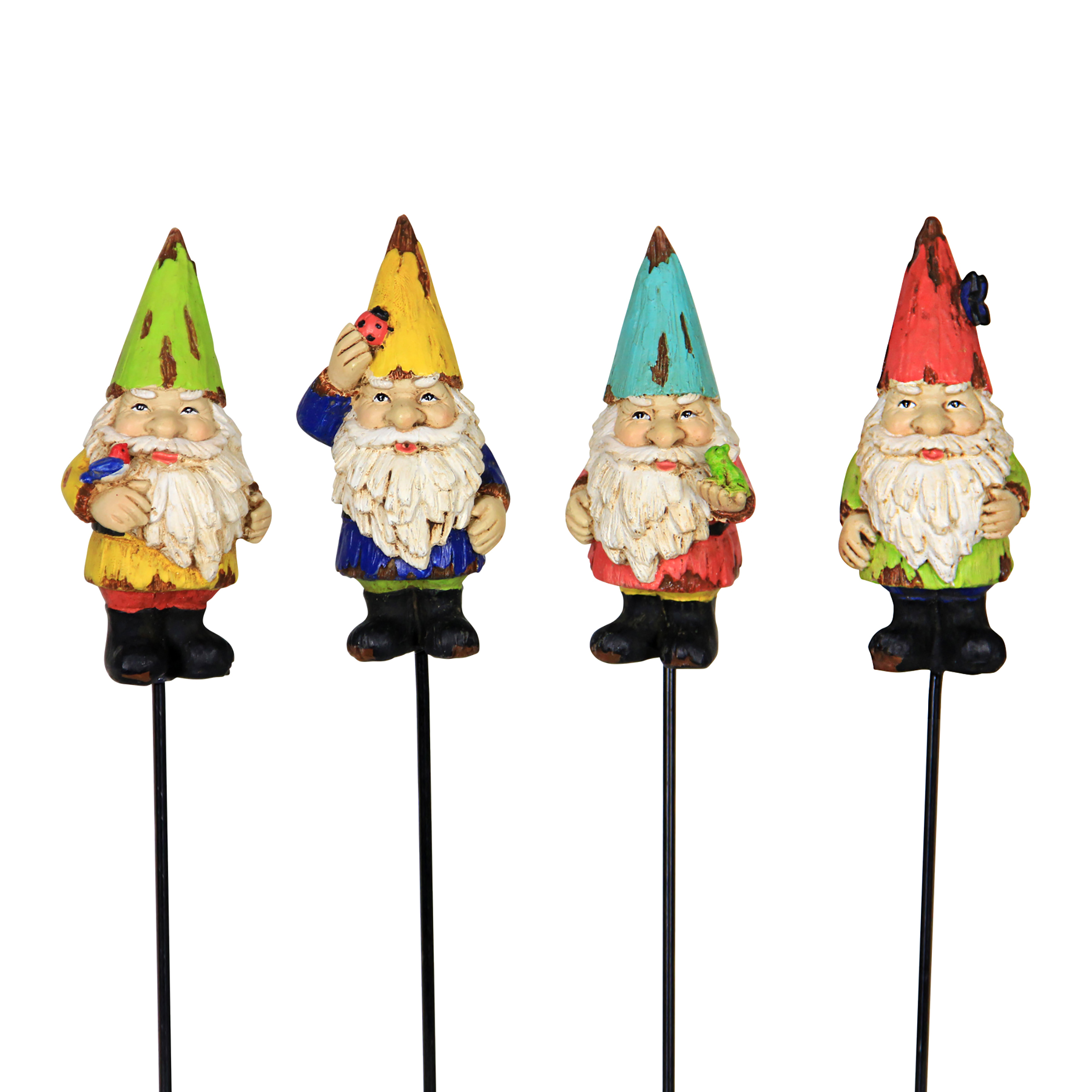 Exhart Colorful Mini Garden Gnome Pot Stake Set of Four, 2 by 9 inches