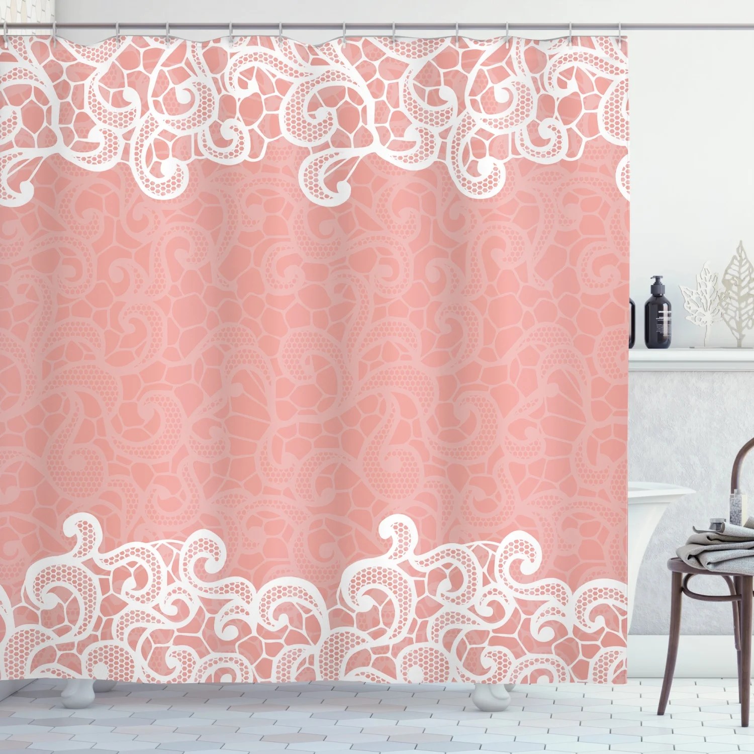 Ambesonne Peach Shower Curtain, Laces Design Ornamental, 69"Wx75"L