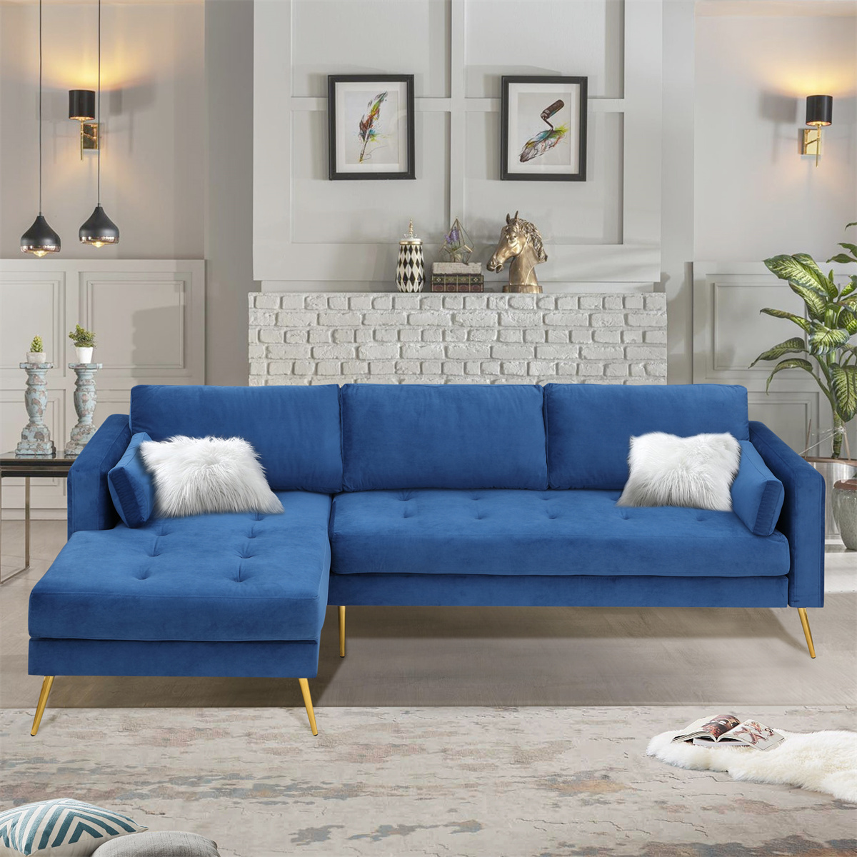 Sectional Sofa with Two Pillows, LShape Upholstered Couch with Modern Elegant Velvet for Living