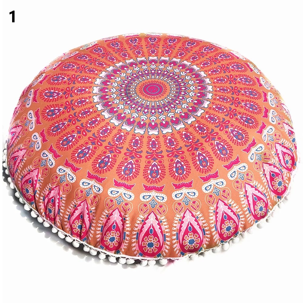 18" Round Pillow Cover, Decorative Mandala Pillow Sham, Indian Bohemian Ottoman Poufs, Pom Pom