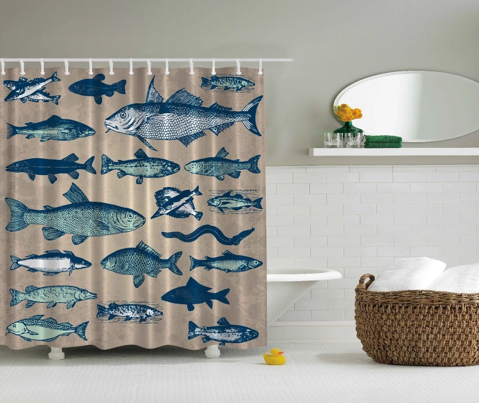 Nautical Coastal Theme Sea Tropical Fish Prints Extra Long Beach Shower