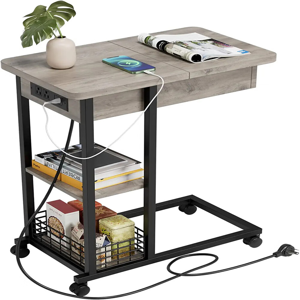 C Shaped Side Table with Charging Station, Flip Top End Table with USB Ports, Outlets & Storage