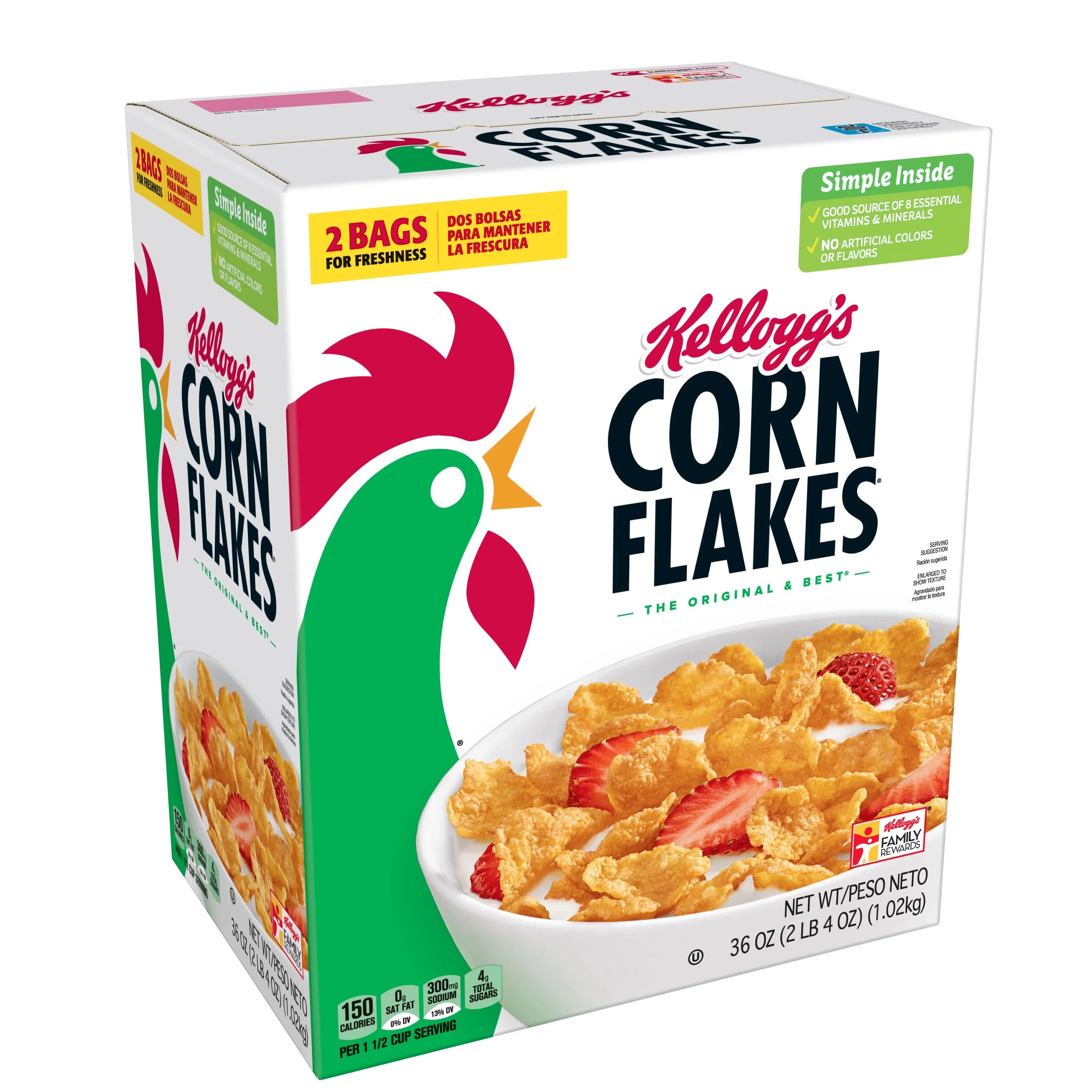 Kellogg's Corn Flakes Breakfast Cereal, Original, Fat Free Food, 2ct
