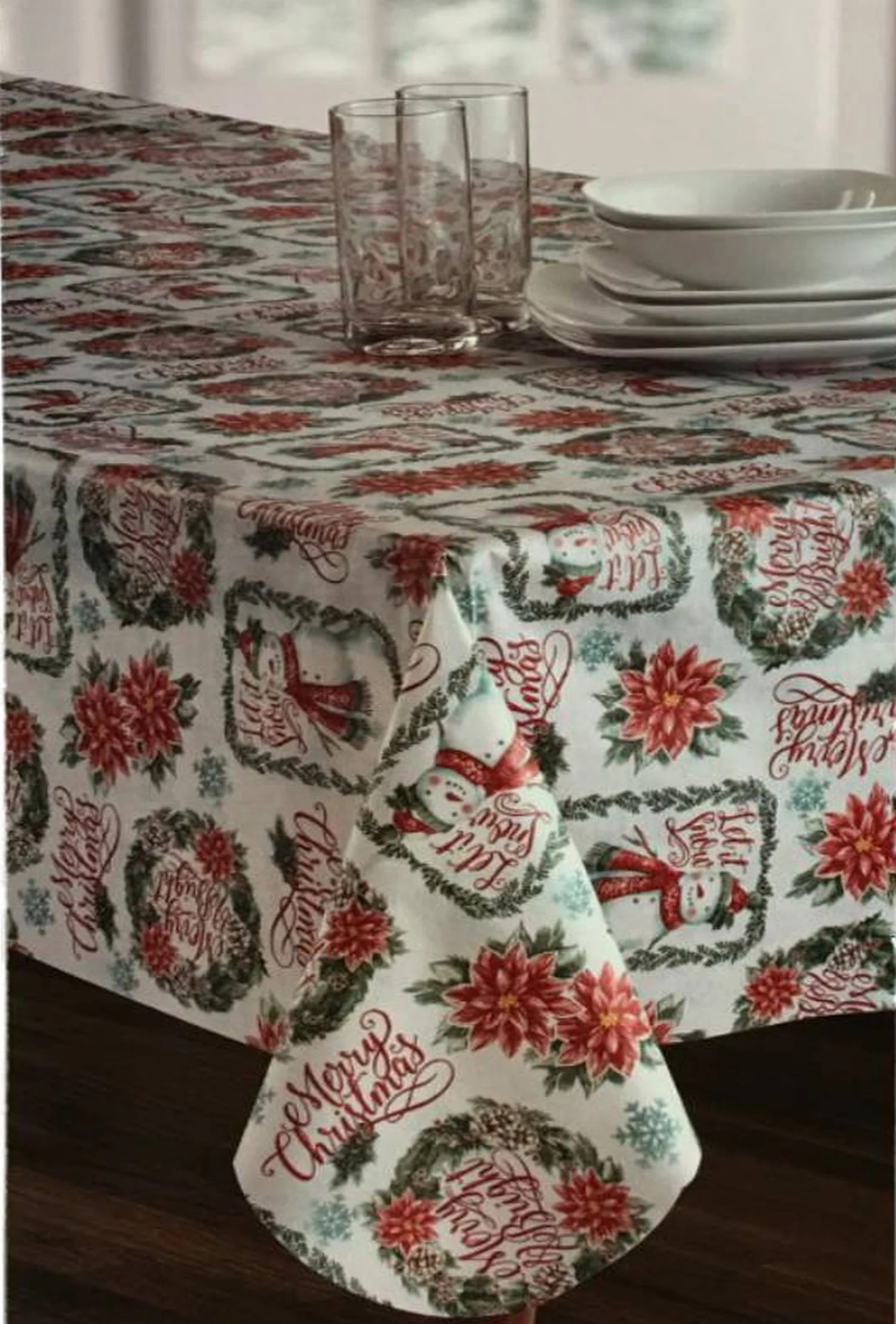 Winter Wonderland Merry Christmas Snowman Vinyl Tablecloth, Table Cloth