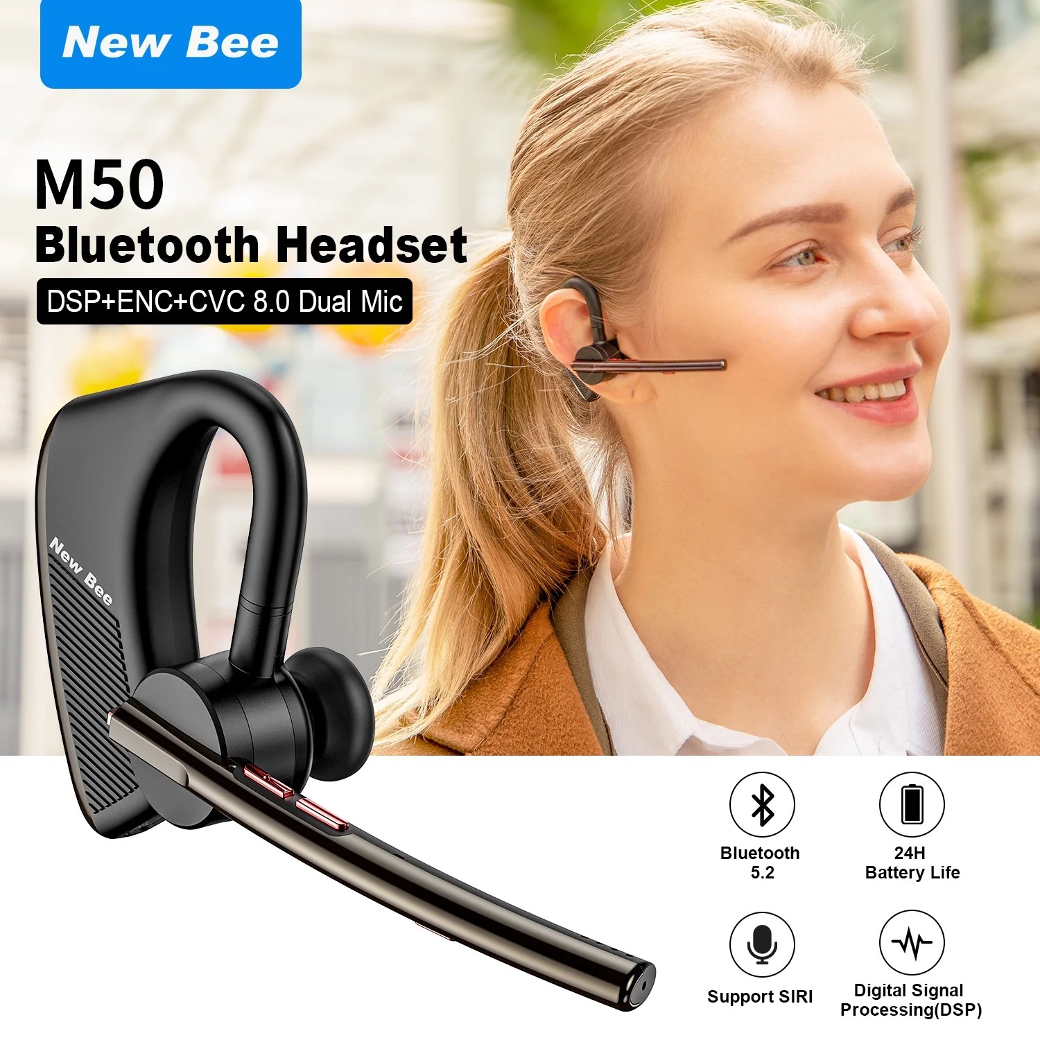 New Bee Bluetooth Headsets V5.2 Wireless Earpiece with Dual Mic 24Hrs