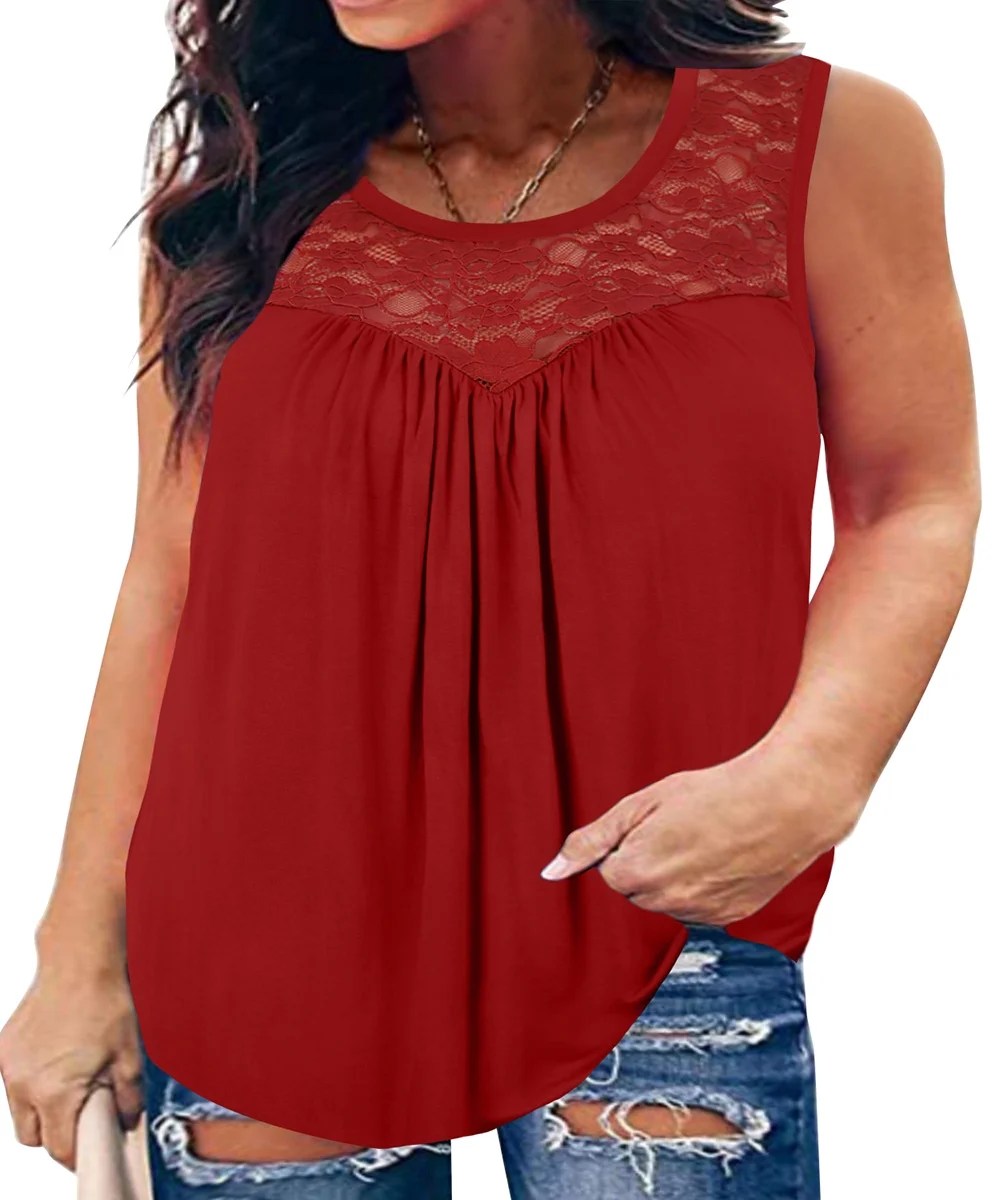 TIYOMI Women's Plus Size Tank Tops Lace Stitching Shirts 3X Crewneck Wine Red Blouses Loose Fit