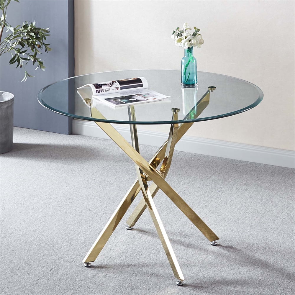 Cfowner Modern Round Glass Dining Table with Tempered Glass Top and