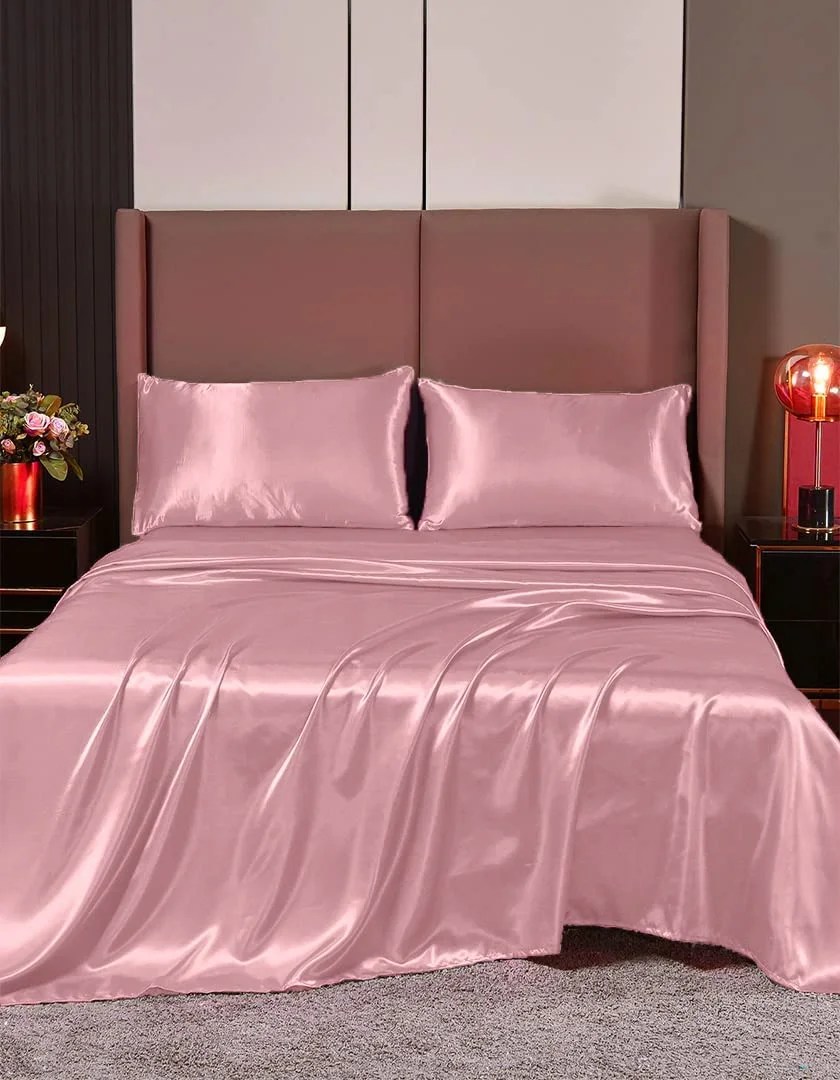 Cloud Fino Luxurious Satin bed sheets Rose Pink Silk Sheets Full Deep Pocket Sheet, 4Piece